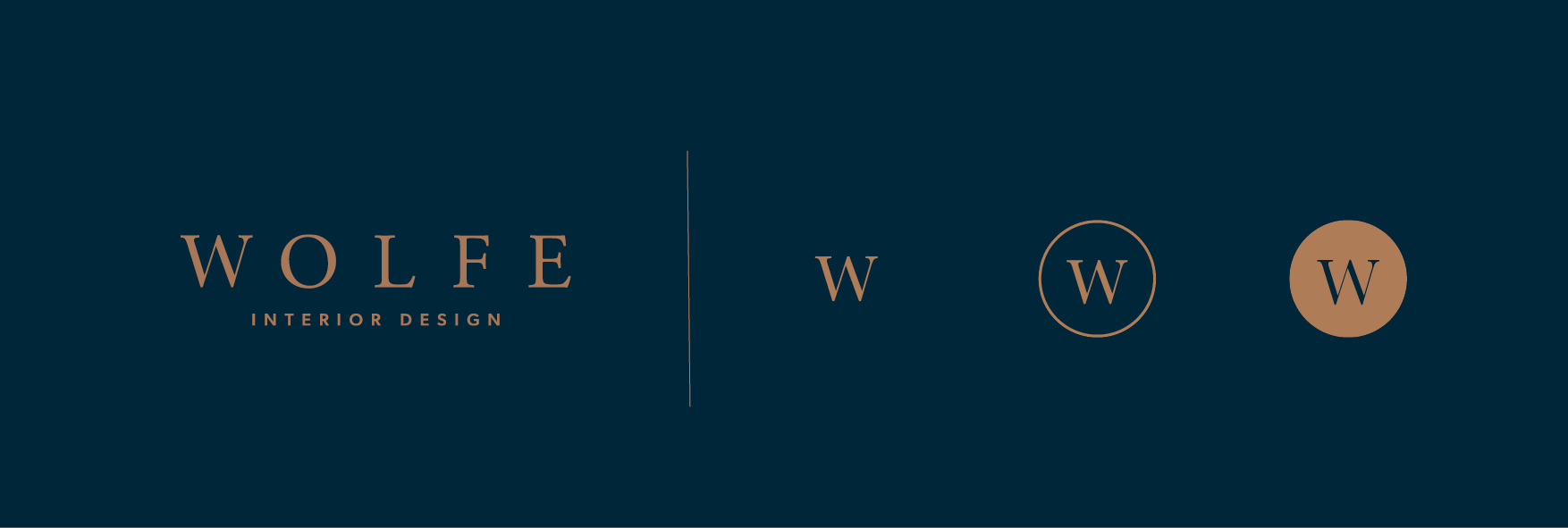 Wolfe Interior Design logo and submarks in bronze on a dark navy blue background